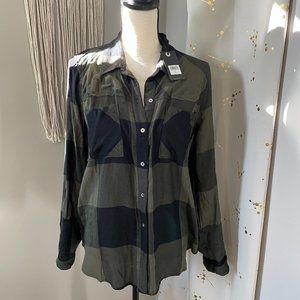NWT Lucky Brand Women's Plaid Button down shirt, green and black size M